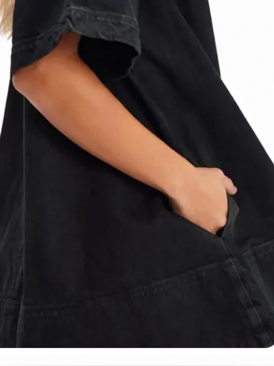 NWT Free People DenimWashed Harlow A Line Mini Dress in Anthracite 2 pockets - Picture 5 of 11